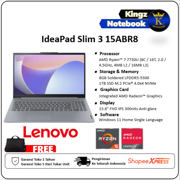 Lenovo Slim 3 15 Ryzen 7 7730U 8GB 1TB SSD Win11 15,6" FHD IPS