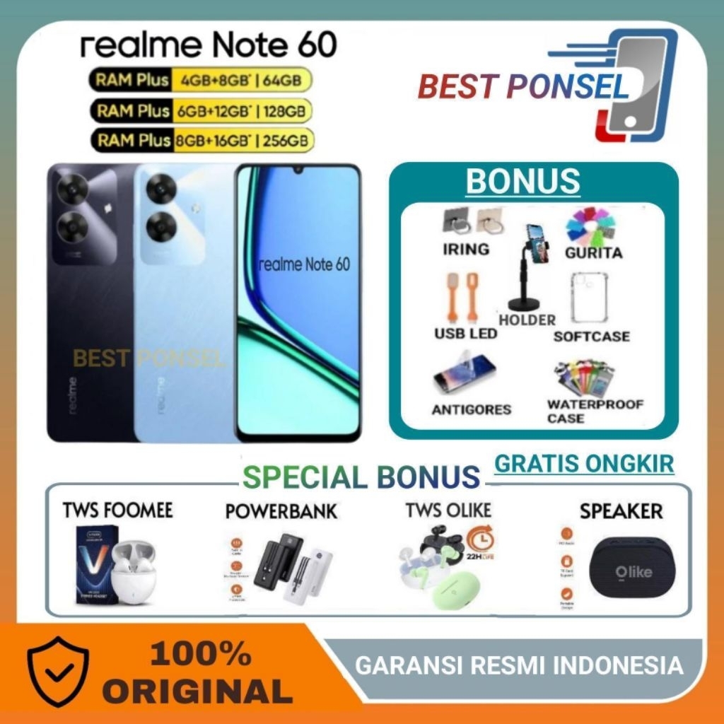 REALME NOTE 60 4G RAM 4/64GB | NOTE 60 6/128GB |  NOTE 60 RAM 8/256GB RESMI REALME INDONESIA