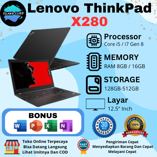 Laptop Lenovo Thinkpad X280 Core i5 Gen 7 / 8 RAM 8GB / 16GB SSD 128GB / 256GB / 512GB Layar 12"Inch
