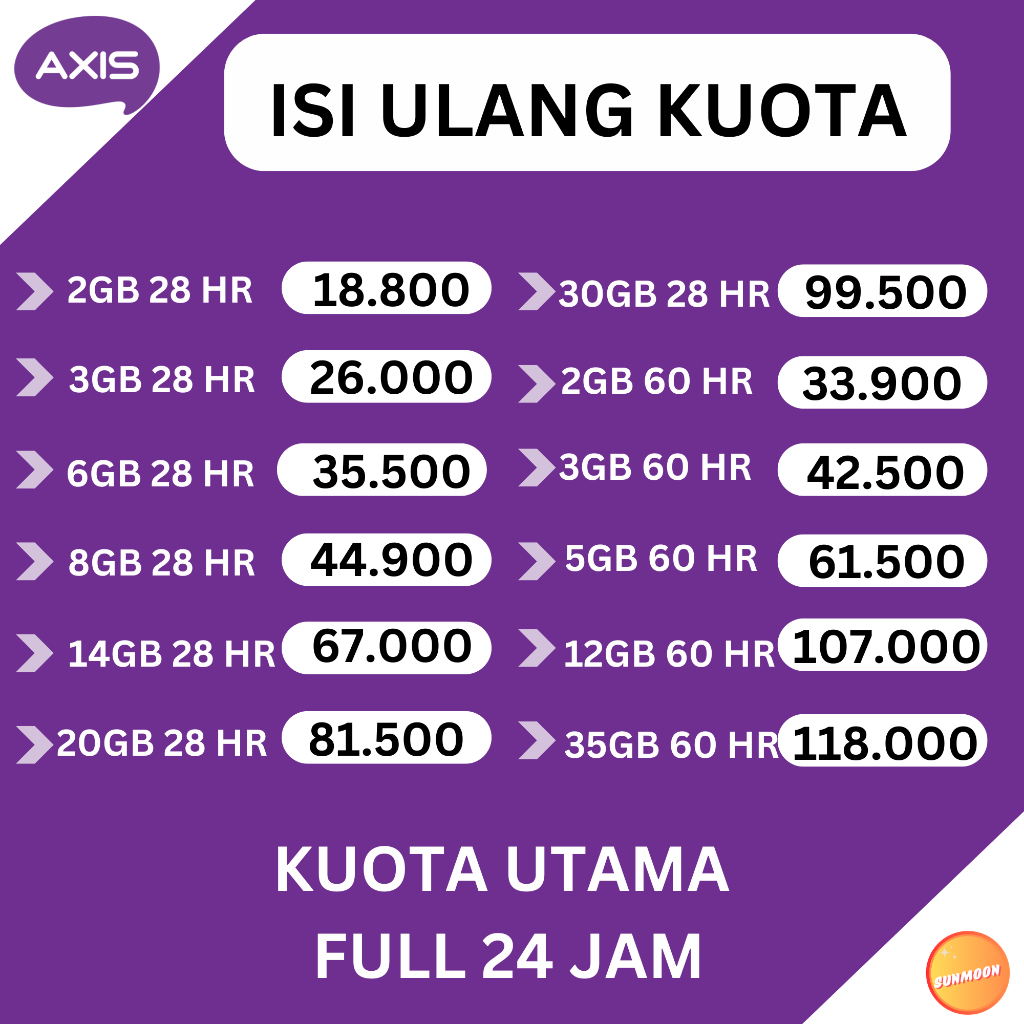 Paket Data Kuota AXIS BRONET 1,5GB 2GB 3GB 5GB 8GB 16GB 20GB 25GB