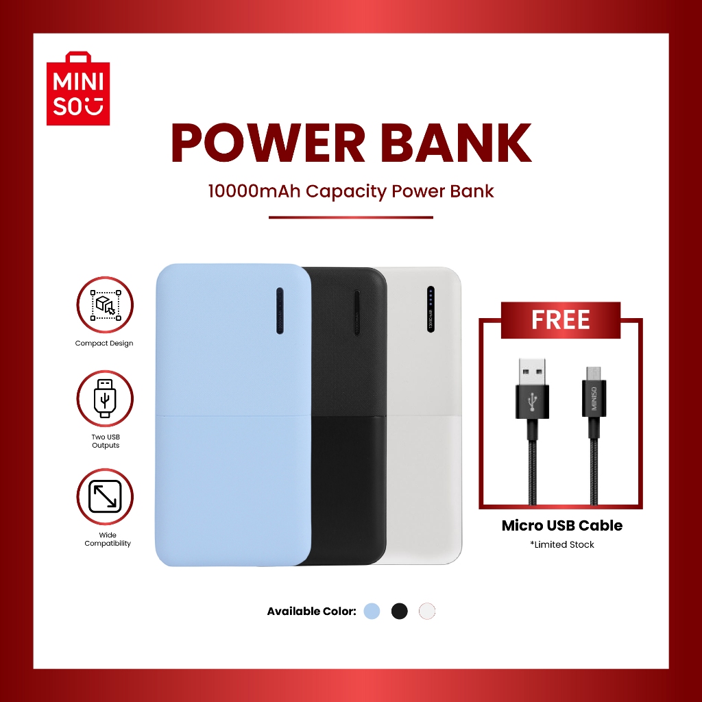 MINISO Powerbank 10000mAh Simple Ringan Power Bank Portable untuk iPhone Android