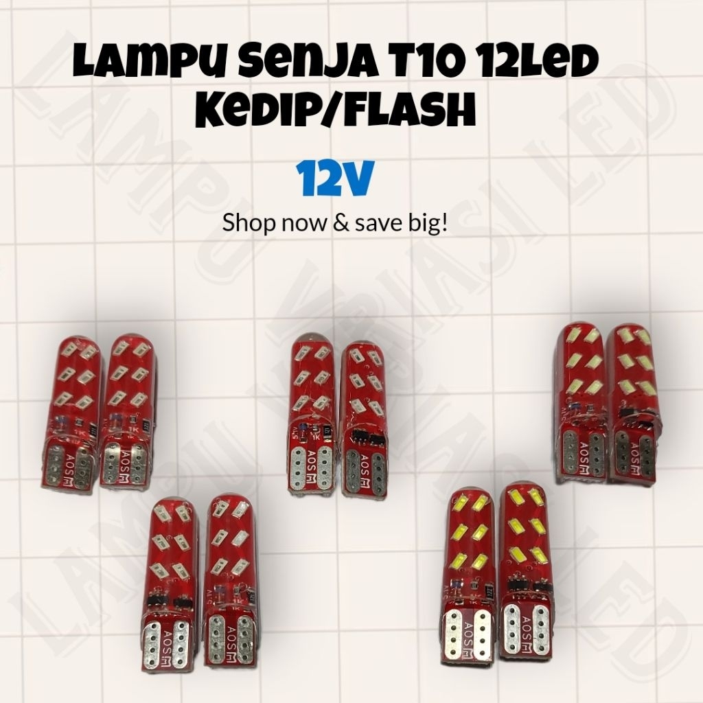 Lampu Senja T10 12 LED 12Volt Flash/Kedip