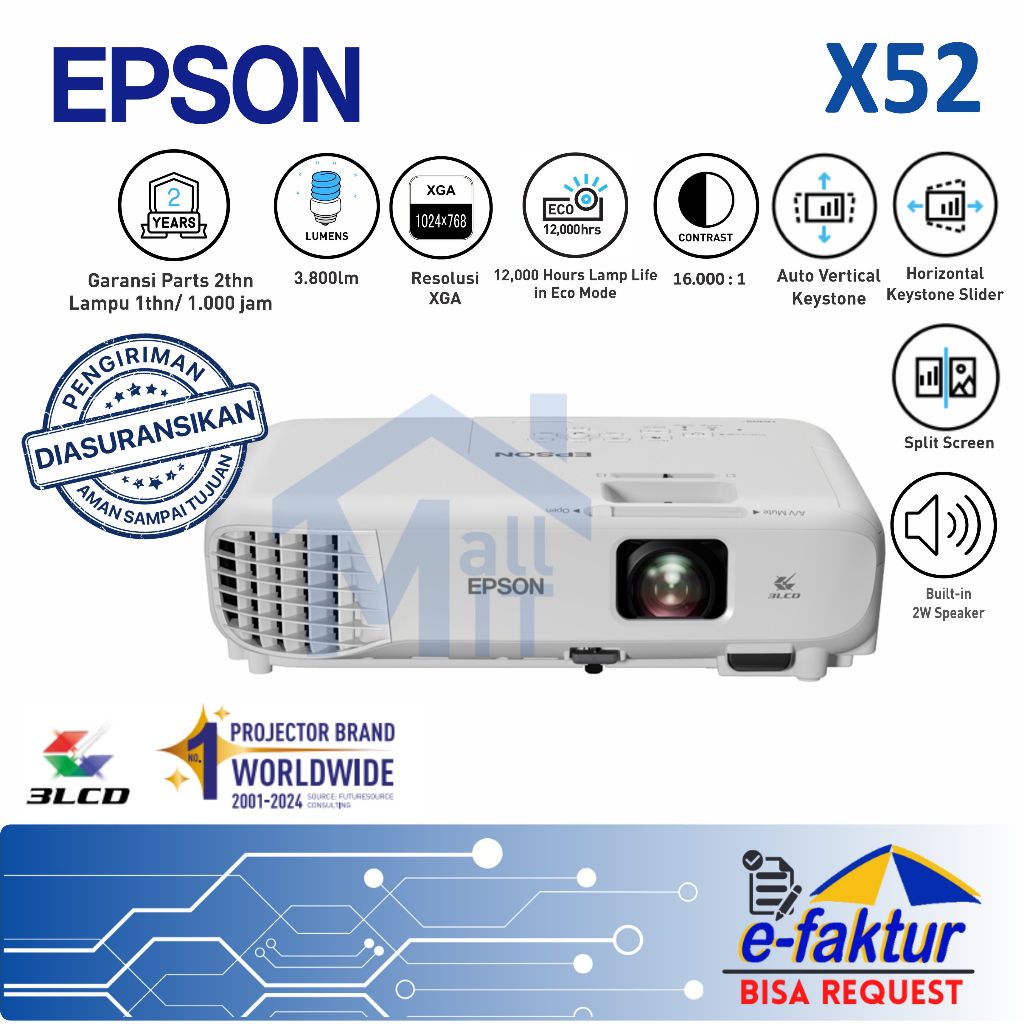 MALLIT EPSON Proyektor EPSON EB-X52 EB-X51 X52 X51 EBX52 EBX51 XGA 3800 Lumens 3LCD Garansi Resmi Me