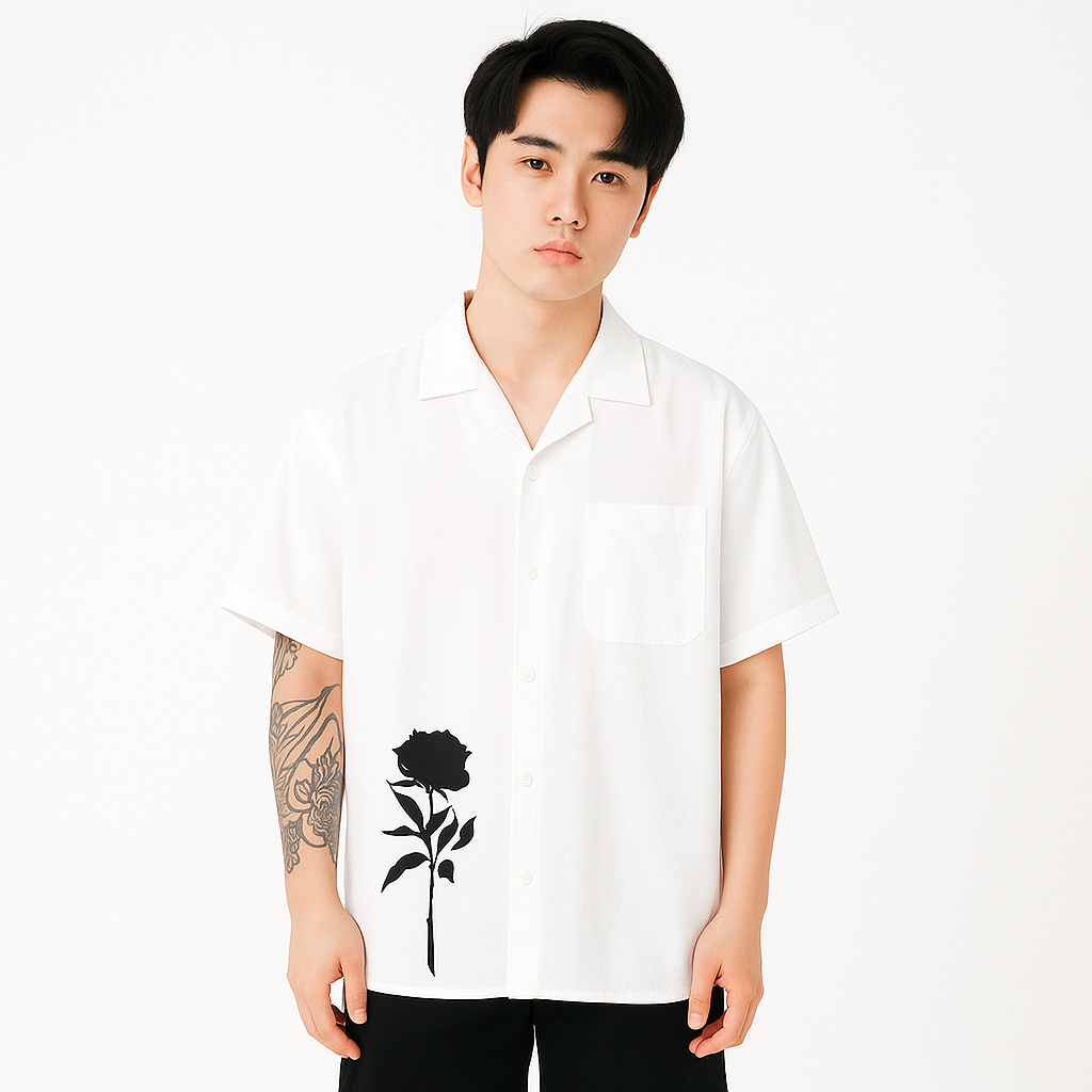 Kemeja Vintage Putih Pria Wanita – Kemeja Lengan Pendek Motif Bunga Mawar Trend Korea Oversize