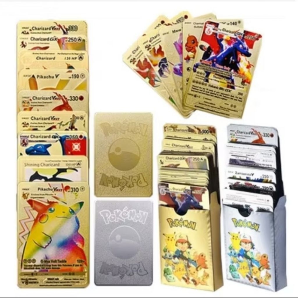 55/10pcs Kartu Pokemon VStar/EX/VMAX/V Go Pikachu Charizard Emas Bahasa Inggris Charizard Pikachu Pe