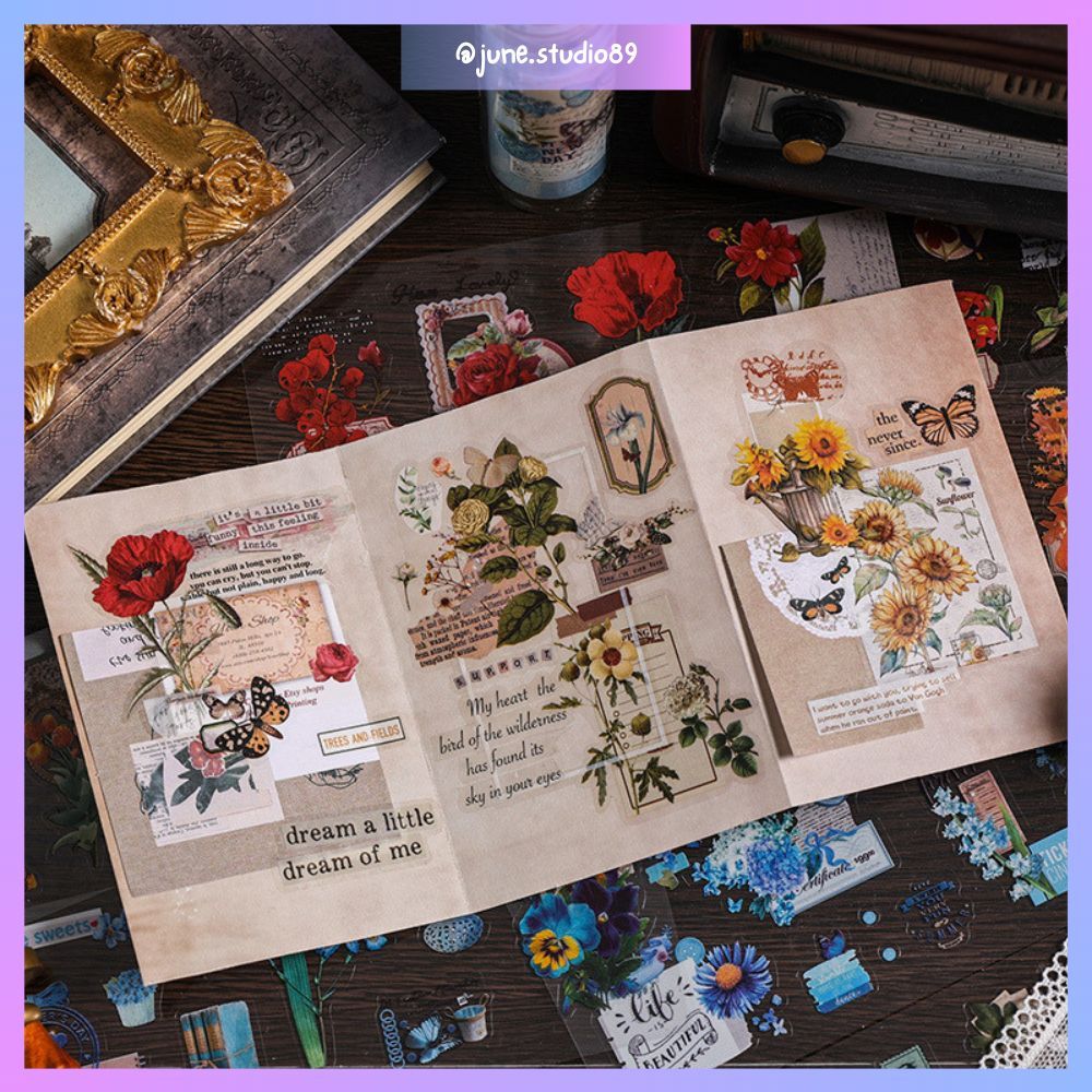 

[JUNE] 6 Lembar Deco Sticker Vintage Retro Bunga Aesthetic Journal Kit Starter DIY Random Material Scrapbook Buku Harian PET Love All Seasons Junk Journal