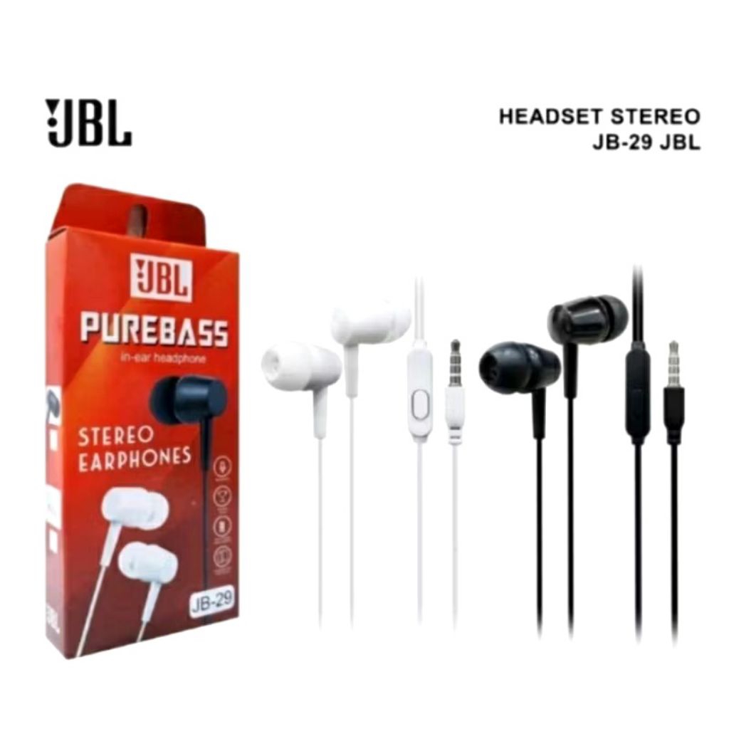 Handsfree JBL / L29 / D21 ORIGINAL Headset full Bass streo JBL-01 JB 29 packing kotak