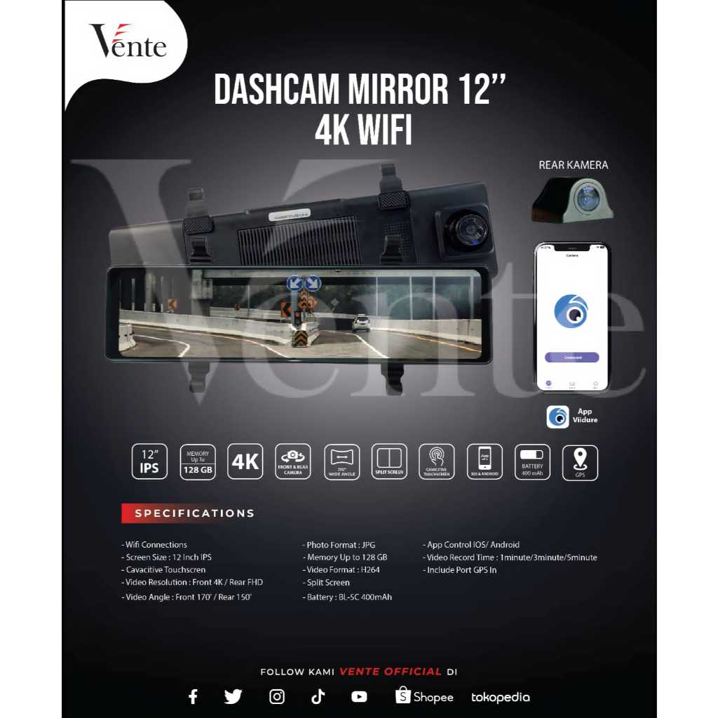 DASHCAM/DVR MIRROR VENTE 4K 12 INCH