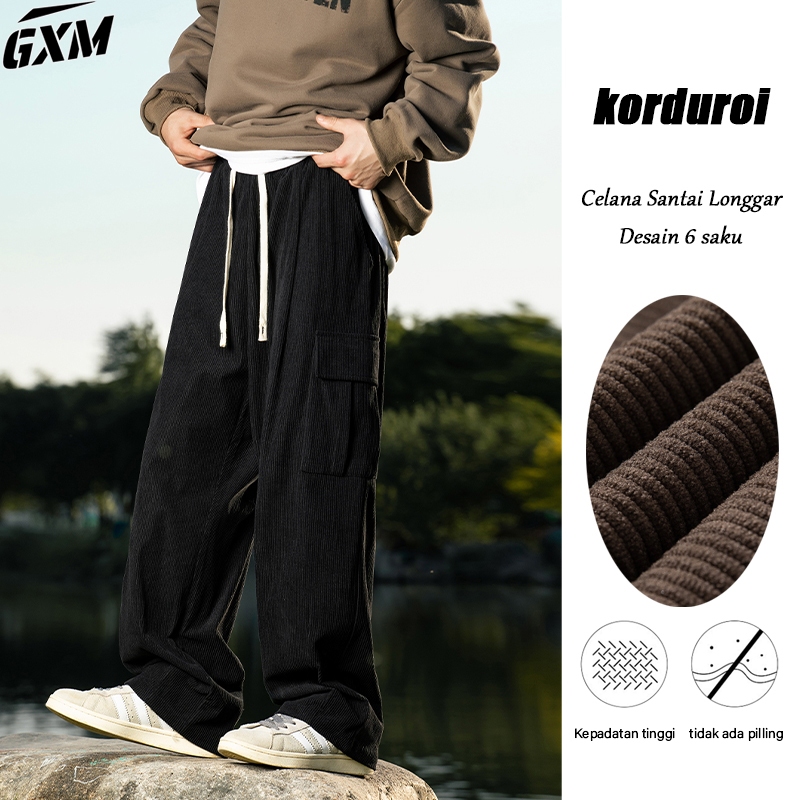 celana corduroy remaja celana lurus pria celana lebar celana kpop baggy celana kerja hitam/cokelat s