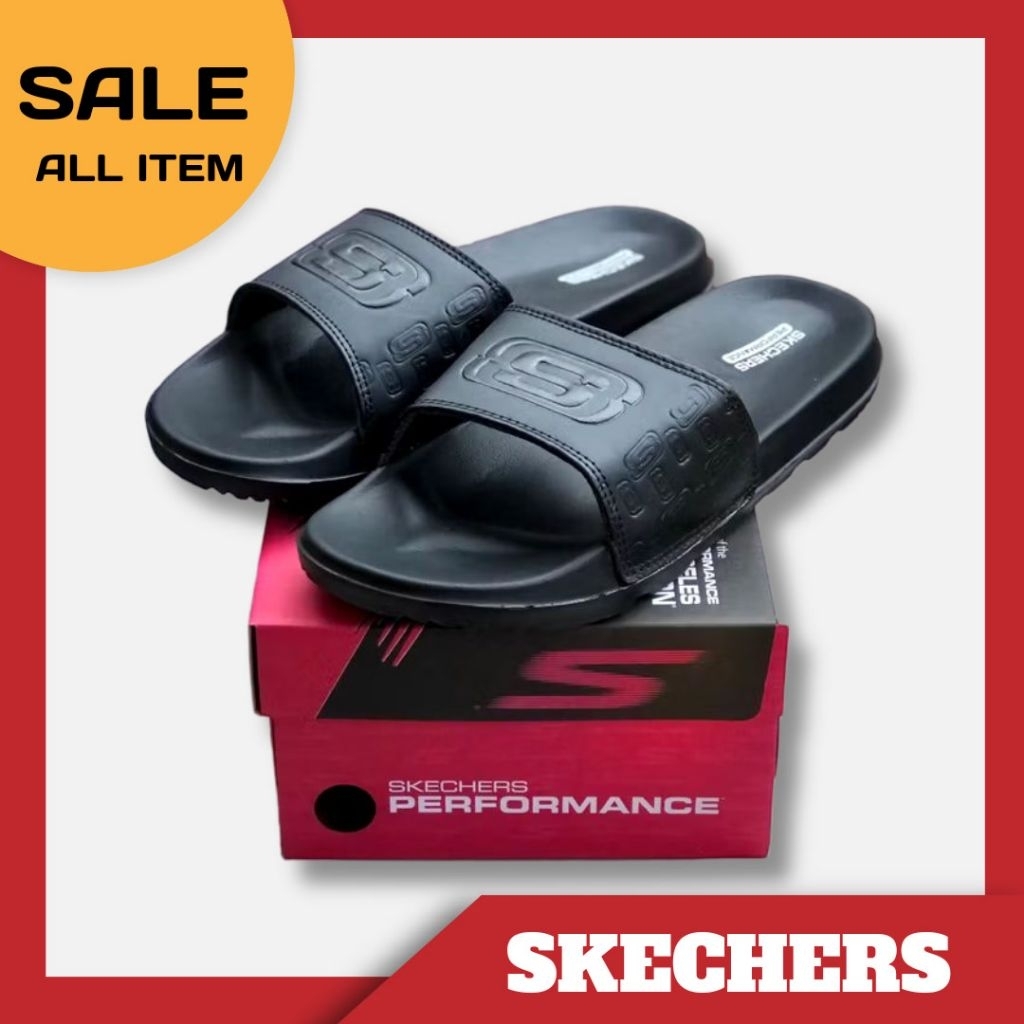 SANDAL SLIDE SLOP SKECHER PRIA FULL BLACK NOIR SANDAL SKECHER PRIA