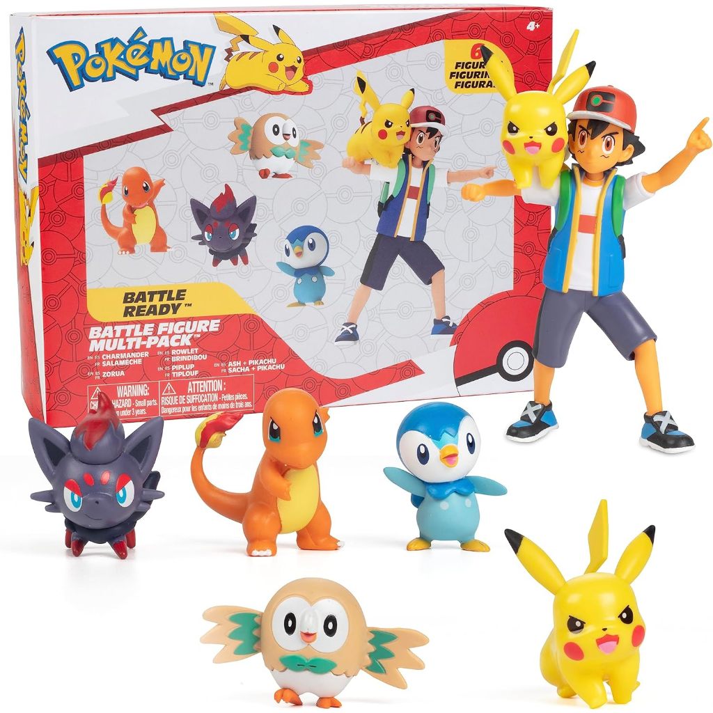 Pokémon Battle Ready Figure Set, 6 Pieces - 4.5" Ash & Launching Pikachu, 2" Charmander, Rowlet, Pip