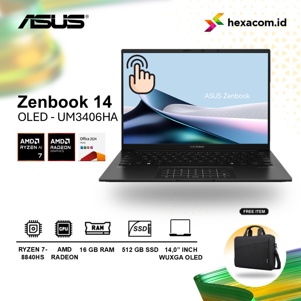Laptop Asus Zenbook 14 OLED UM3406HA Ryzen 7-8840HS RAM 16GB SSD 512GB 14.0" WUXGA TOUCH