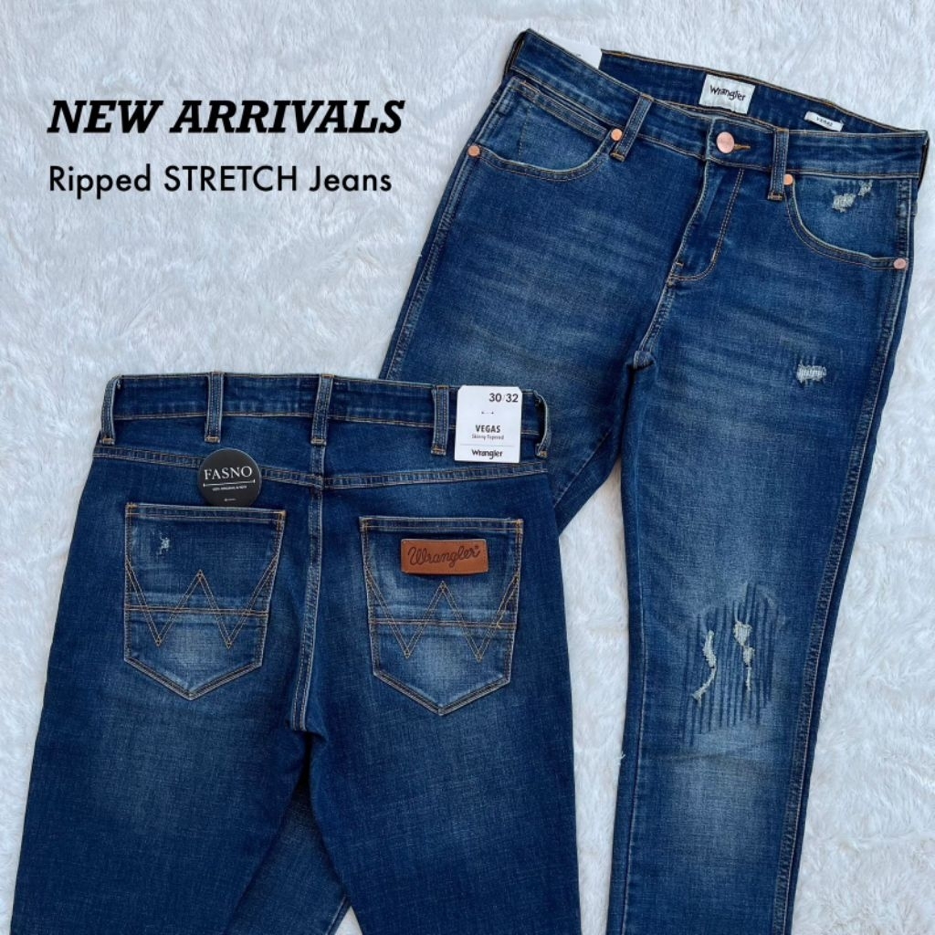 [NEW & ORIGINAL] ORIGINAL Wrangler VEGAS Ripped "Stretch" Jeans,Dark Blue Wash. C03A24