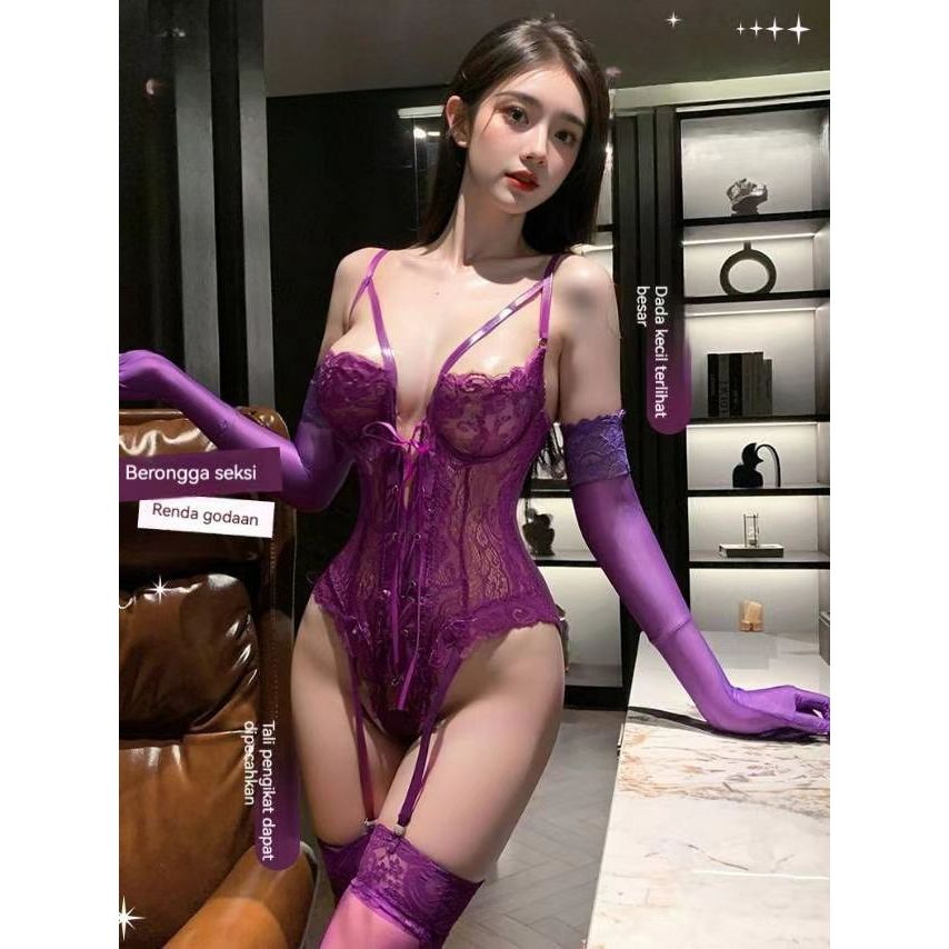 Sexy Lingerie Cosplay Corset / Baju Tidur Sexy Transparan Renda Ungu / Lingerie Babydoll Sexy Purple