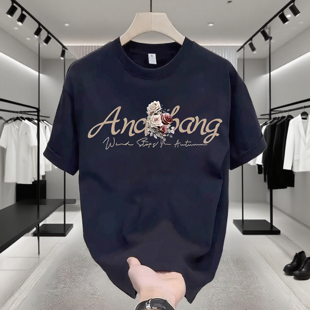 ✨COD✨Kaos T - Shirt Katun 100% Lengan Pendek, Motif Cetak Mawar Bahasa Inggris, Gaya Ins, Streetwear