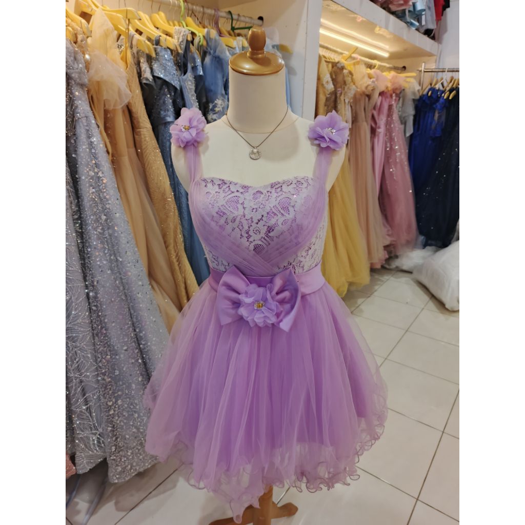 Gaun Pesta Ungu lilac pendek belakang ekor