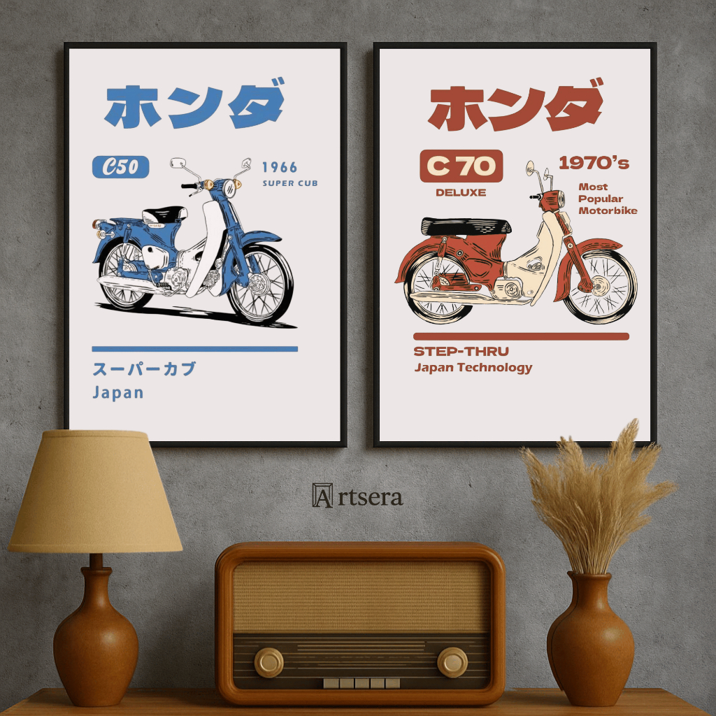 Hiasan Dinding Vintage Poster Motor Klasik Honda Super Cub C70 Monkey CB750 Pajangan Kamar Aesthetic
