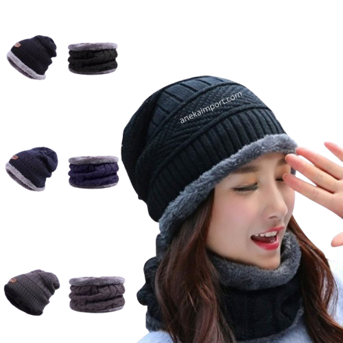 COD Topi Kupluk Pria Wanita Topi Kupluk n Syal Wool Winter Import Rajut