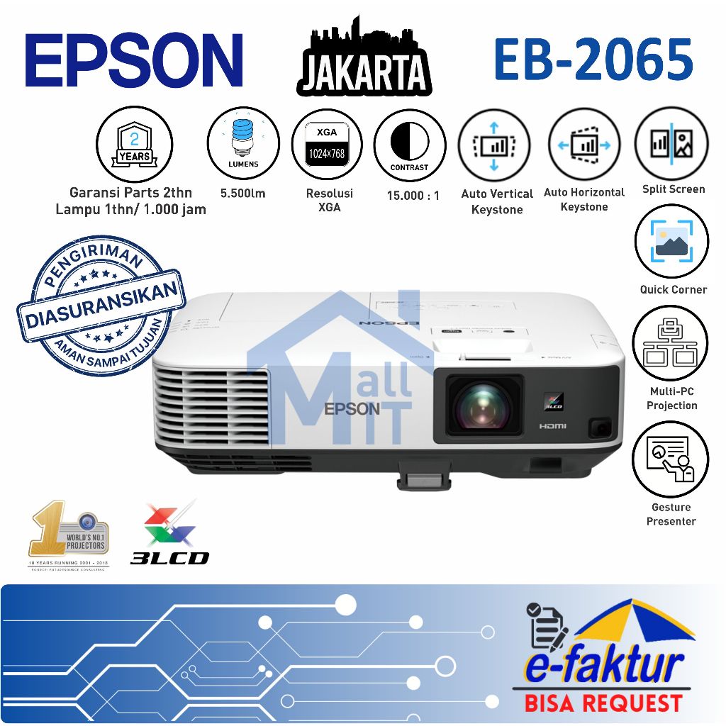 MALLIT EPSON Proyektor EPSON EB-2065 EB2065 EB 2065 Proyektor Bagus Berkualitas 3LCD Garansi Resmi