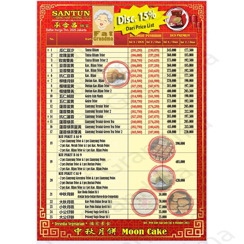 

Moon Cake Kue Santun Bulan Santun Seng Hap Cheong Disc 15% Tausa Kacang Hijau Durian LianYung varian 1Telur 1
