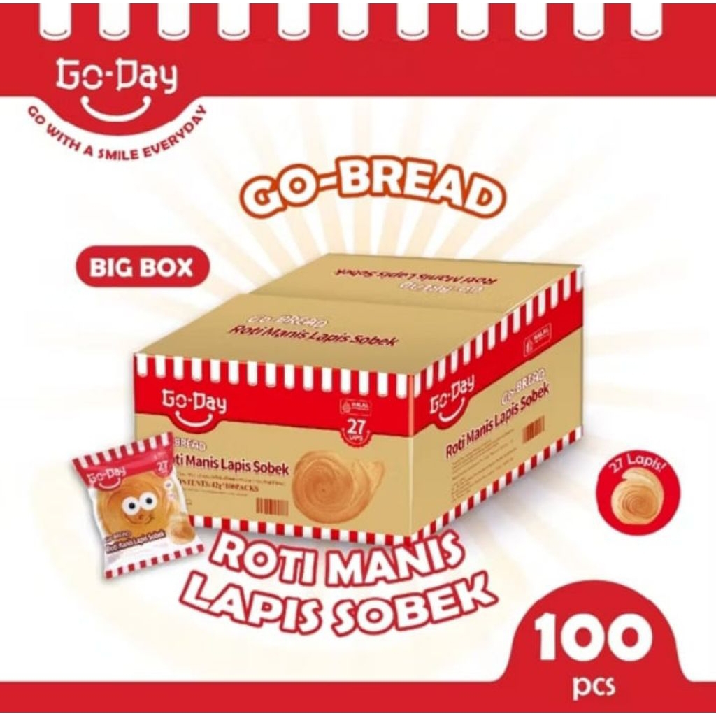 

Promo Terbatas 1 Dus [ 100 Pcs ] Go - Day Roti Manis Lapis Sobek 42G/Pcs