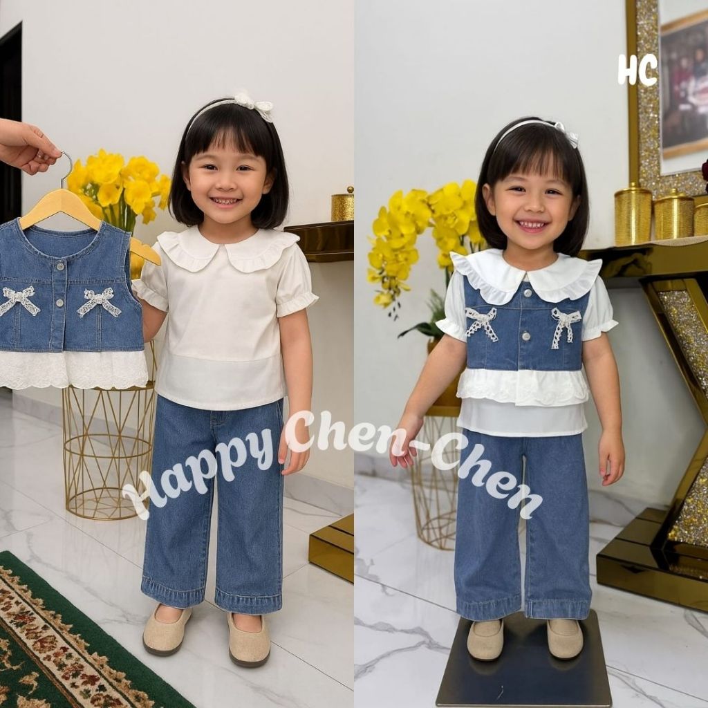 SETELAN LALUNA ROMPI PITA JEANS ANAK PEREMPUAN USIA3-12 TAHUN / ONE SET CELANA KULOT  { COD }