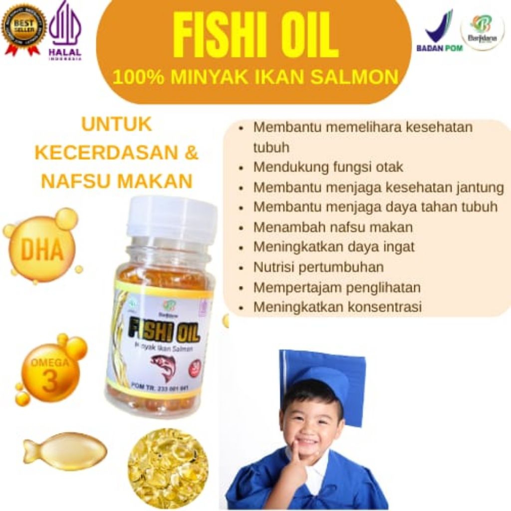 [ORIGINAL] FISHI OIL-100% Extract Minyak Ikan Salmon - 30 Kapsul Suplemen Kecerdasan dan Menambah Na