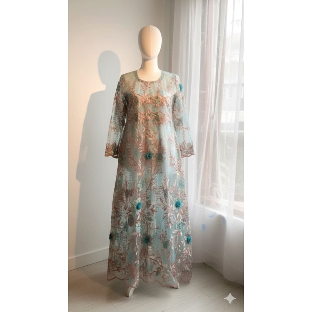 Gaun Brokat | Gaun Pesta Muslimah Brokat 3D | Outer Brokat | Hijau Mint Peach