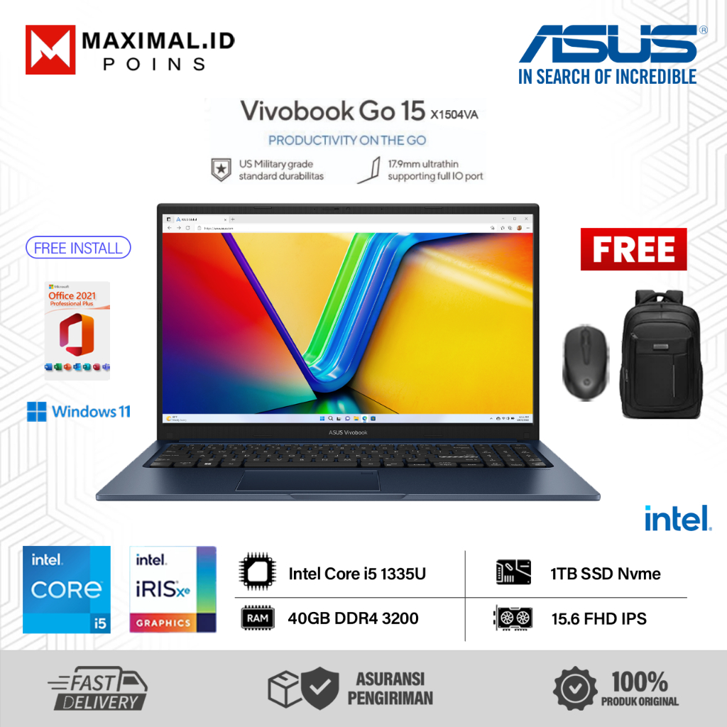 Laptop ASUS Vivobook 15 X1504VA Intel i5 1335U 1TB SSD 15.6 FHD IPS Windows 11 Termurah