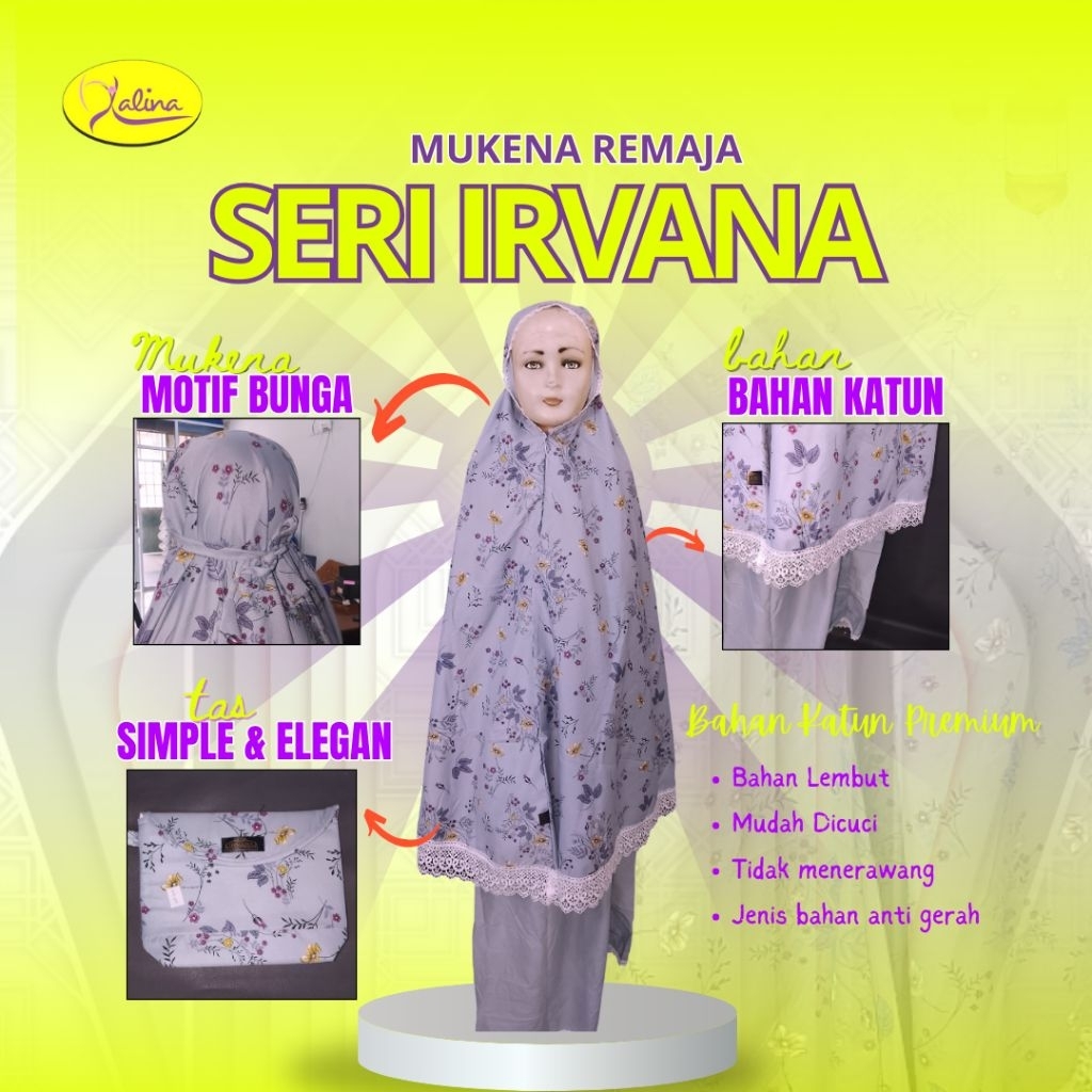Mukena Remaja Katun Premium Seri Irvana Motif Bunga + Tas Simple Elegan