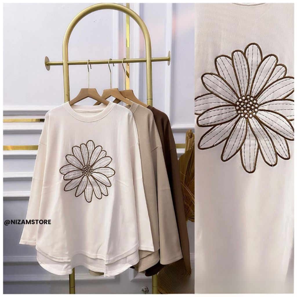 Kaos Rajut Import Wanita Premium Bordir Bunga Daisy | Oversize Lengan Panjang Kekinian LD 120 PJ 70