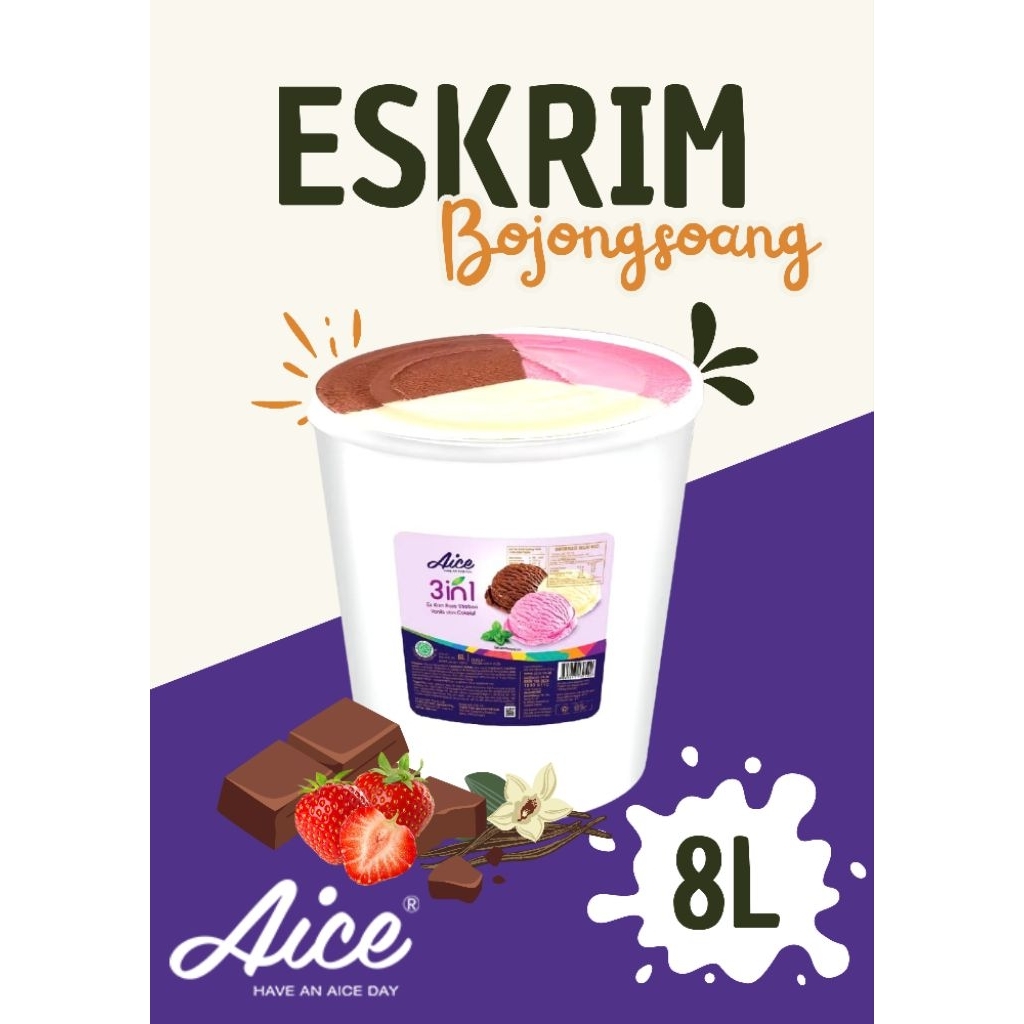 AICE Es Krim 3 in 1 Neapolitan 8 Liter – Rasa Coklat Vanilla Strawberry untuk Jualan / Acara