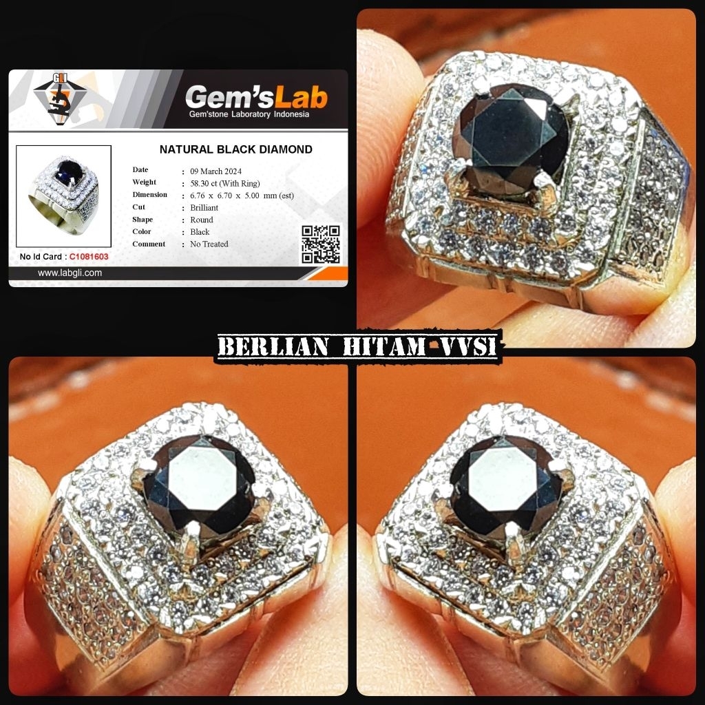 natural 100% berlian hitam vvs1 + ring perak mewah