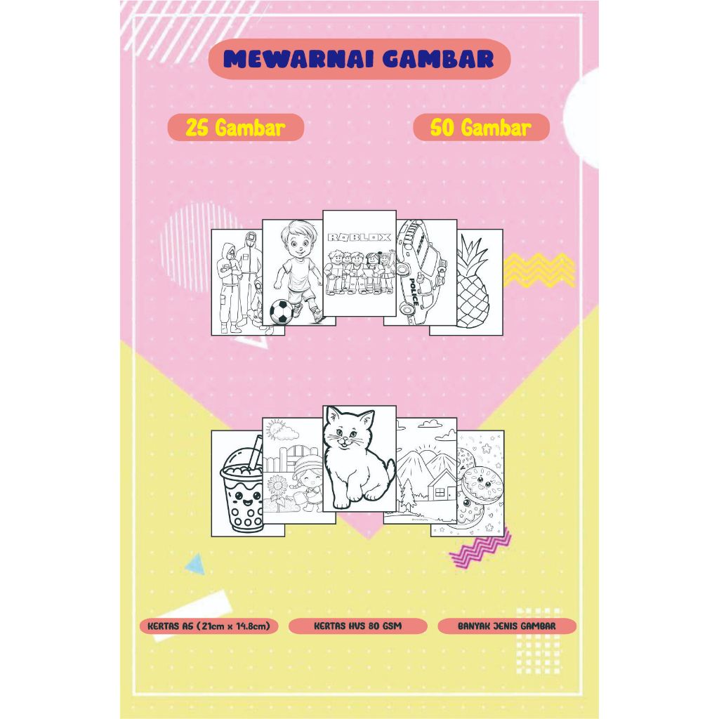 

Lembar Kertas Mewarnai Anak dengan berbagai jenis gambar karakter Ukuran A5 (21 cm X 14,8 cm