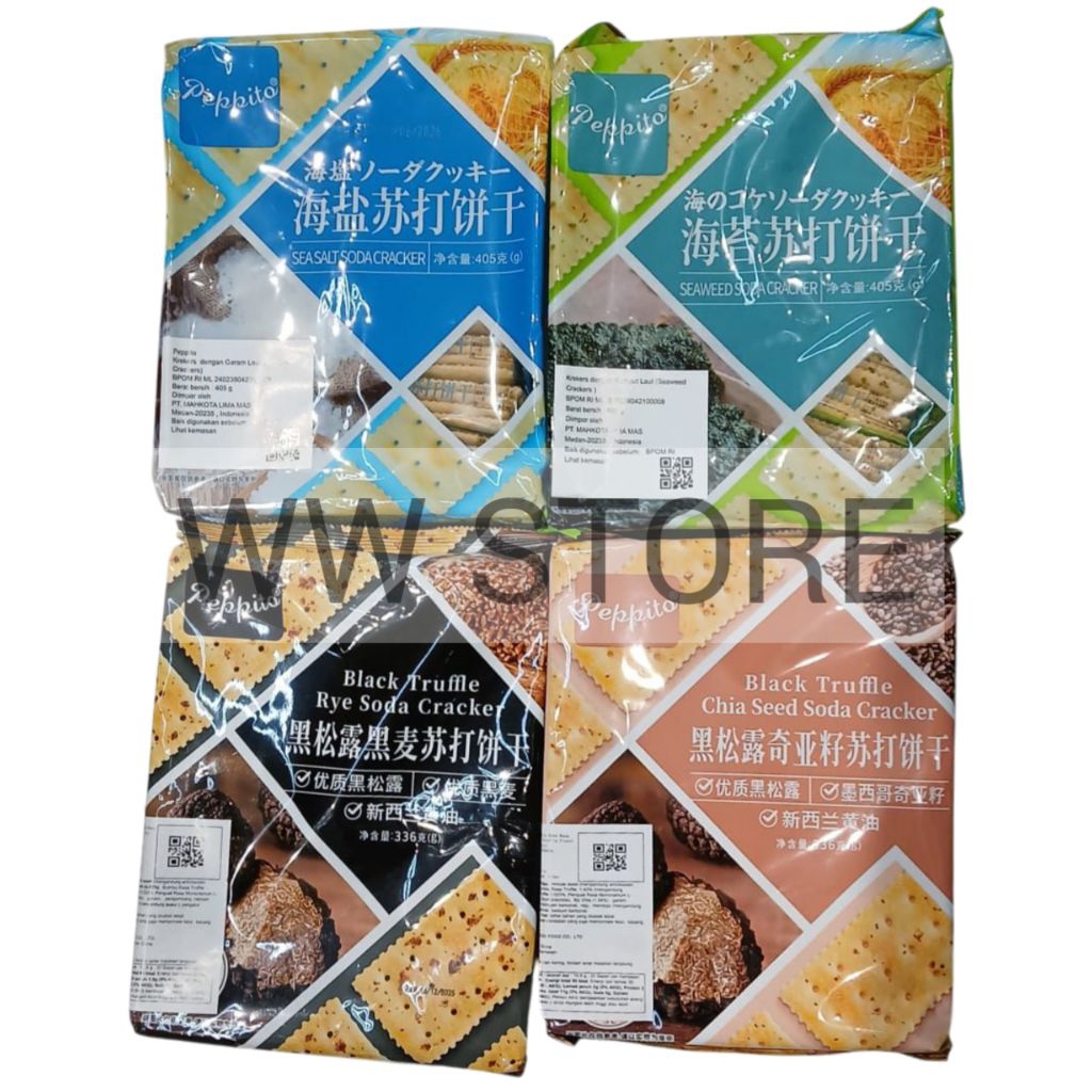 

Cemilan snek makanan ringan biskuit kreker krekers kraker krakers dengan garam / rumput laut /biji chia / gandum hitam rasa jamur GUANGDONG XINMENG FOOD Peppito Sea Salt / Seaweed 405g / Black Truffle Rye / Chia Seed 336g Soda Cracker crackers