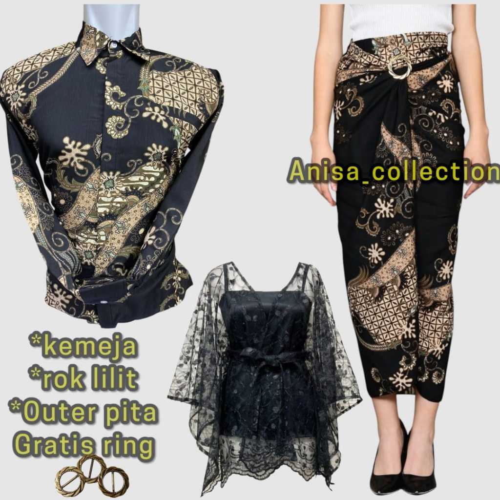 couple kondangan pasangan kekinian kemeja batik lengan panjang dan rok lilit batik modern dan atasan