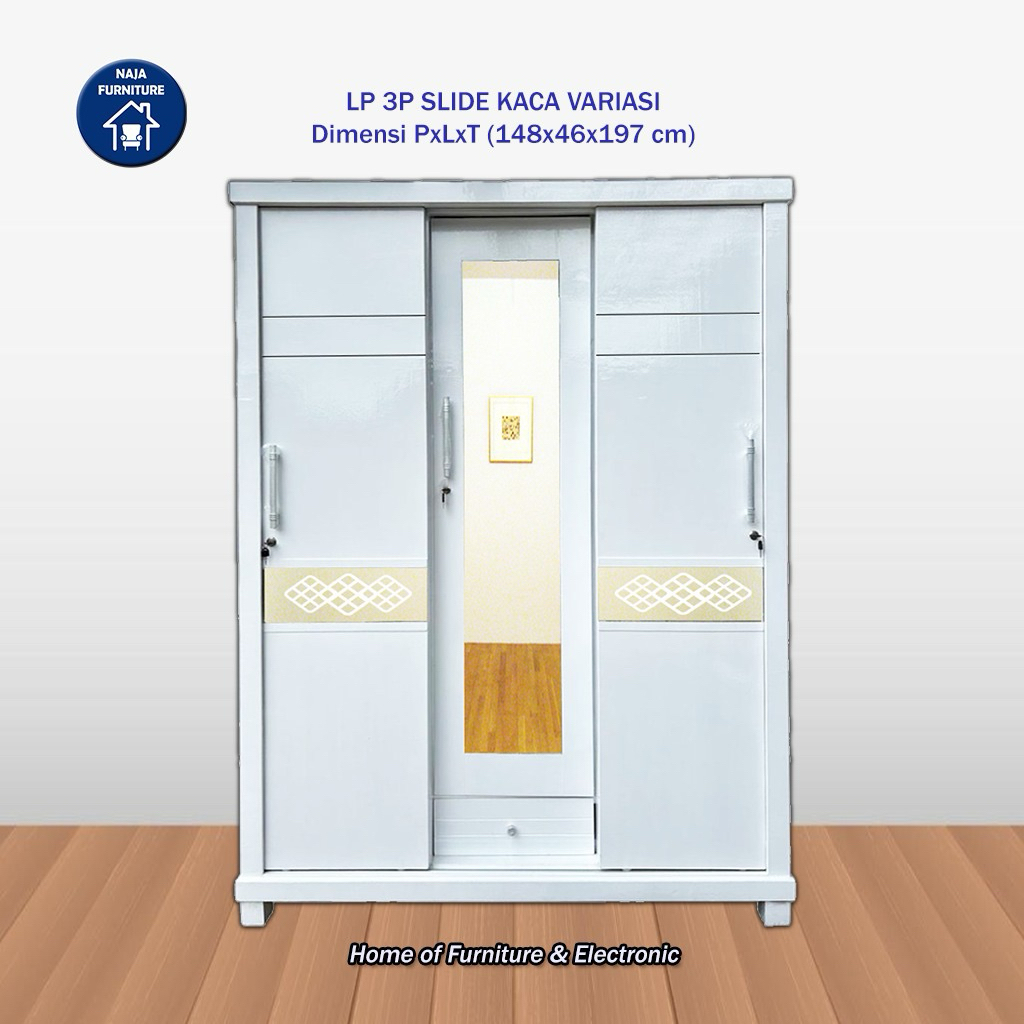 Lemari Pakaian 3 Pintu Sliding Kaca Variasi | Lemari 3 Pintu Sliding Minimalis | Lemari Pakaian Mini