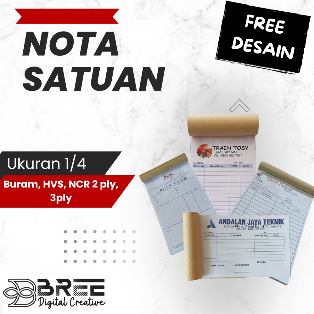 

Nota NCR / HVS / Buram Cetak 1/4 – Free Desain, 2 Ply 3 Ply, Anti Luntur, Proses Cepat