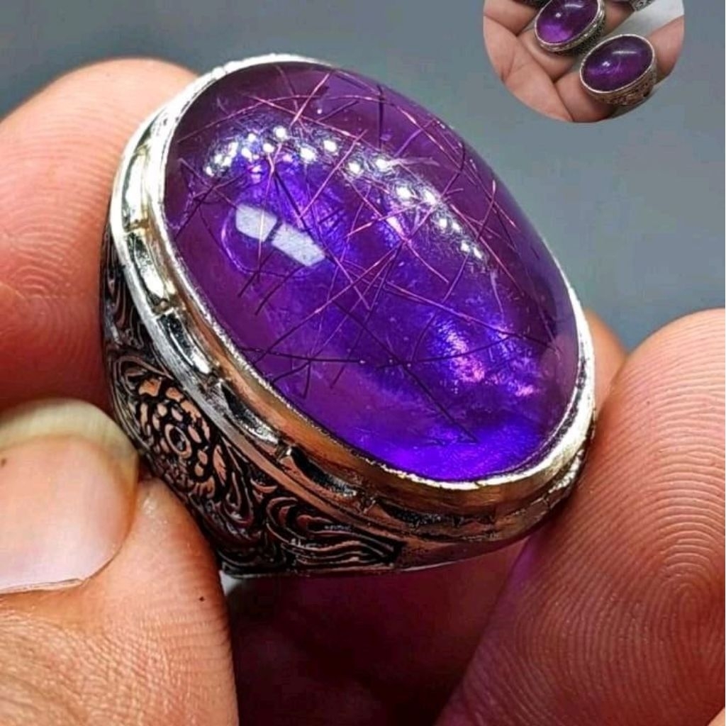 Cincin Batu Akik Kecubung Ungu Amethys Serat Emas Dimensi 30mm
