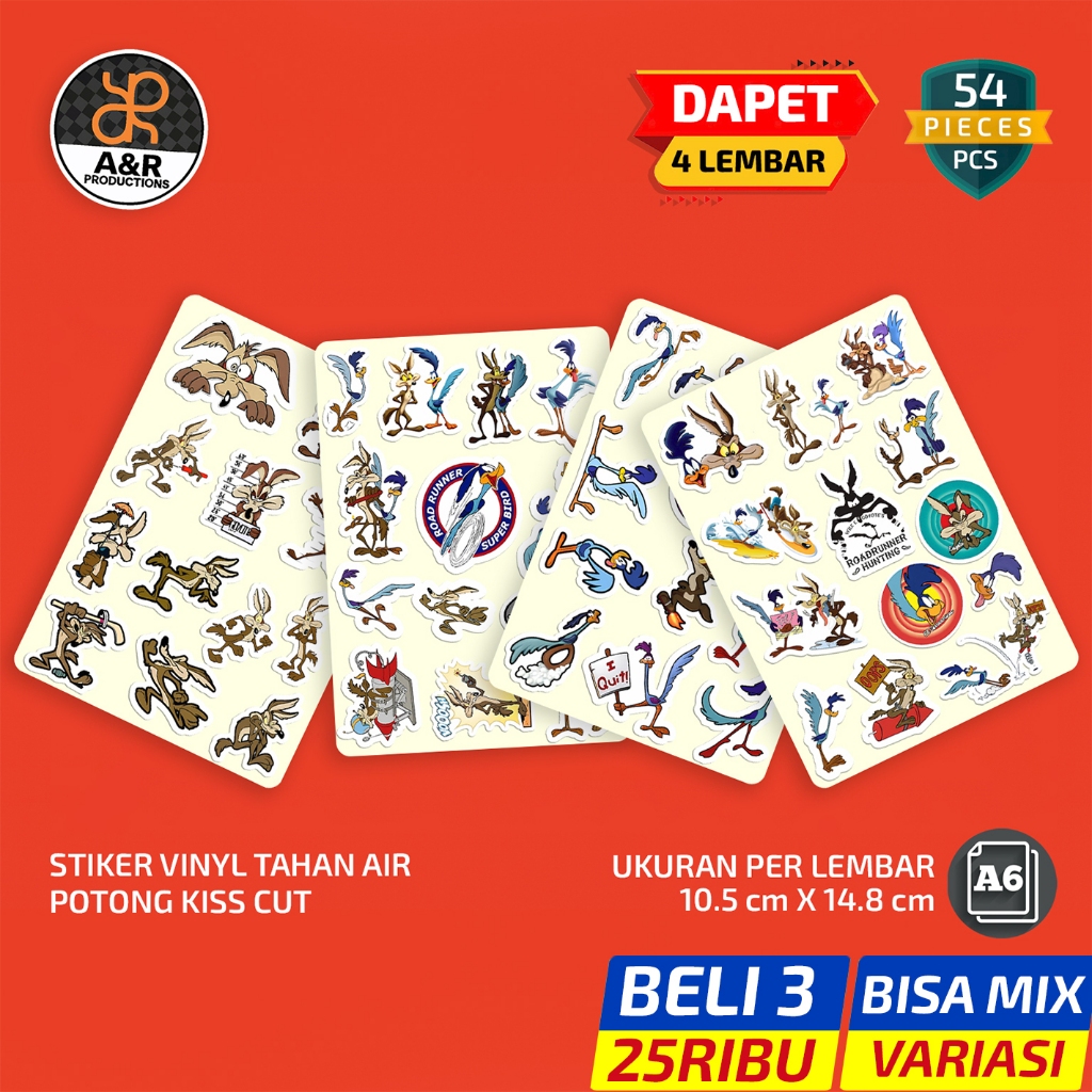 

Stiker Vinyl Coyote Road Runner Looney Tunes 54 Pcs | Stiker Kartun Anti Air Kiss Cut