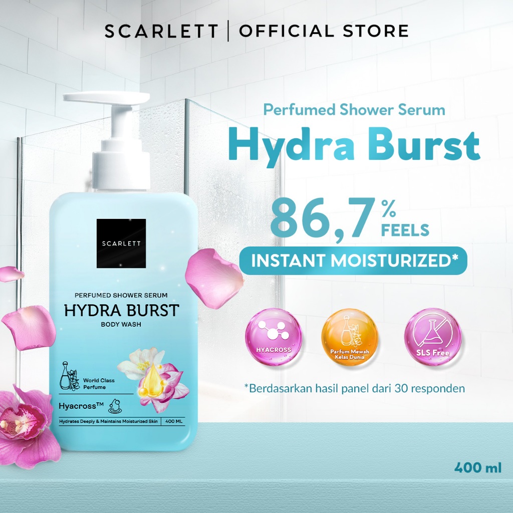 SCARLETT Perfumed Shower Serum 400ml – Hydra Burst | Hydrating Shower Gel dengan Hyacross™ | Sabun M
