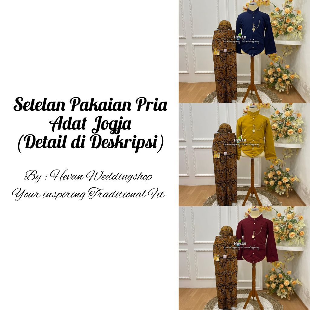 Setelan Pakaian Pria Adat Jawa Jogja | Beskap Jogja + Blangkon Jogja + Jarik Instan Motif Semen Romo