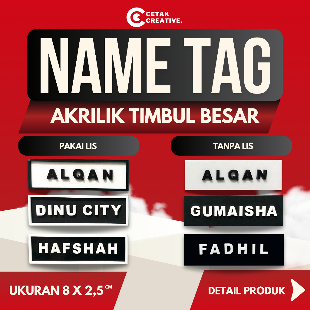 

Cetak Creative | NameTag Papan Nama Huruf Timbul - Akrilik Ukuran 8x2,5 Cm