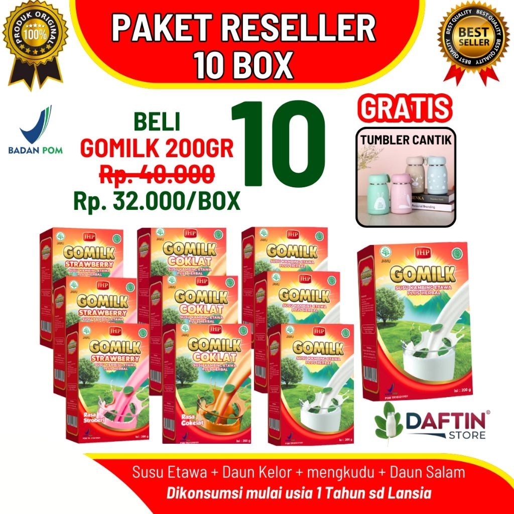 

Gomilk Susu Kambing Etawa 10 Box 200gr | Paket reseller Plus Herbal | Diskon 20% Bebas Pilih Rasa