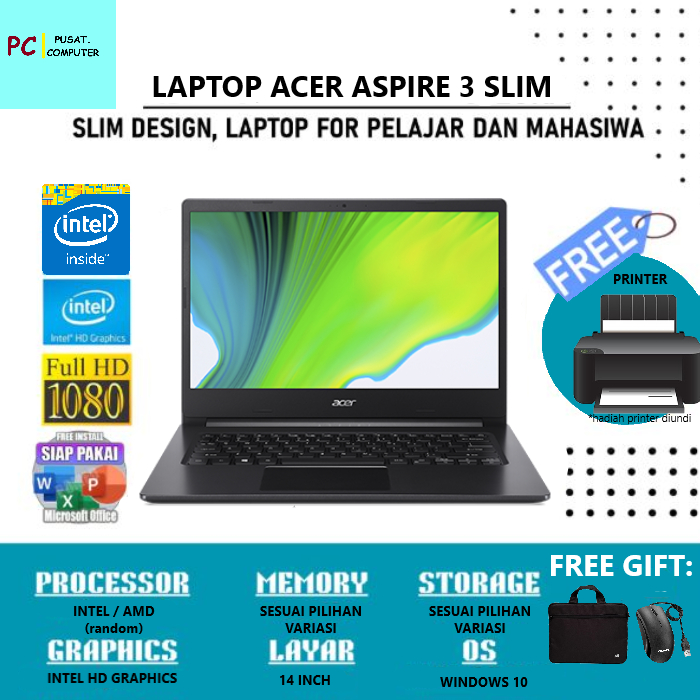 LAPTOP ACER ASPIRE 3 SLIM RAM 4GB SSD 256GB WIN 10
