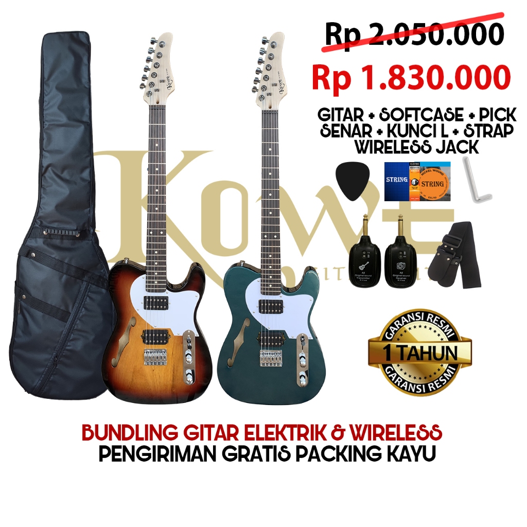 Bundling Gitar dan Wireless Gitar Elektrik Kowe Seri Thinline