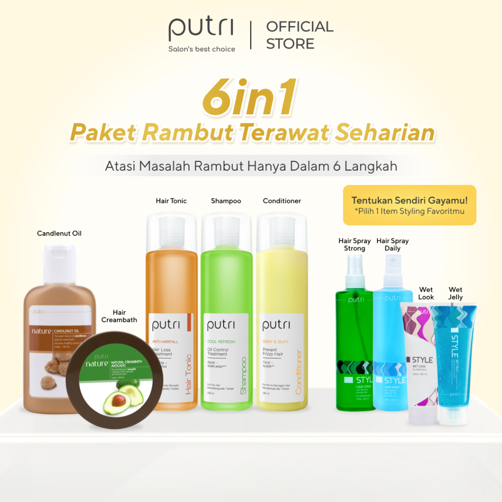 Putri Paket Perawatan Rambut Terawat dan Tertata Seharian | Shampoo, Conditioner, Creambath, Hair Oi