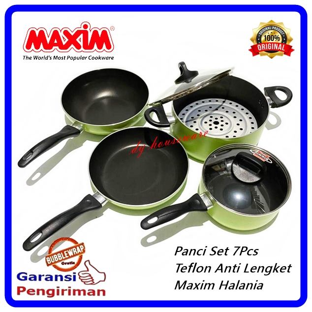 Panci Set 7Pcs Teflon Anti Lengket Tutup Kaca Panci Goreng Dandang Kukus Maxim Halania