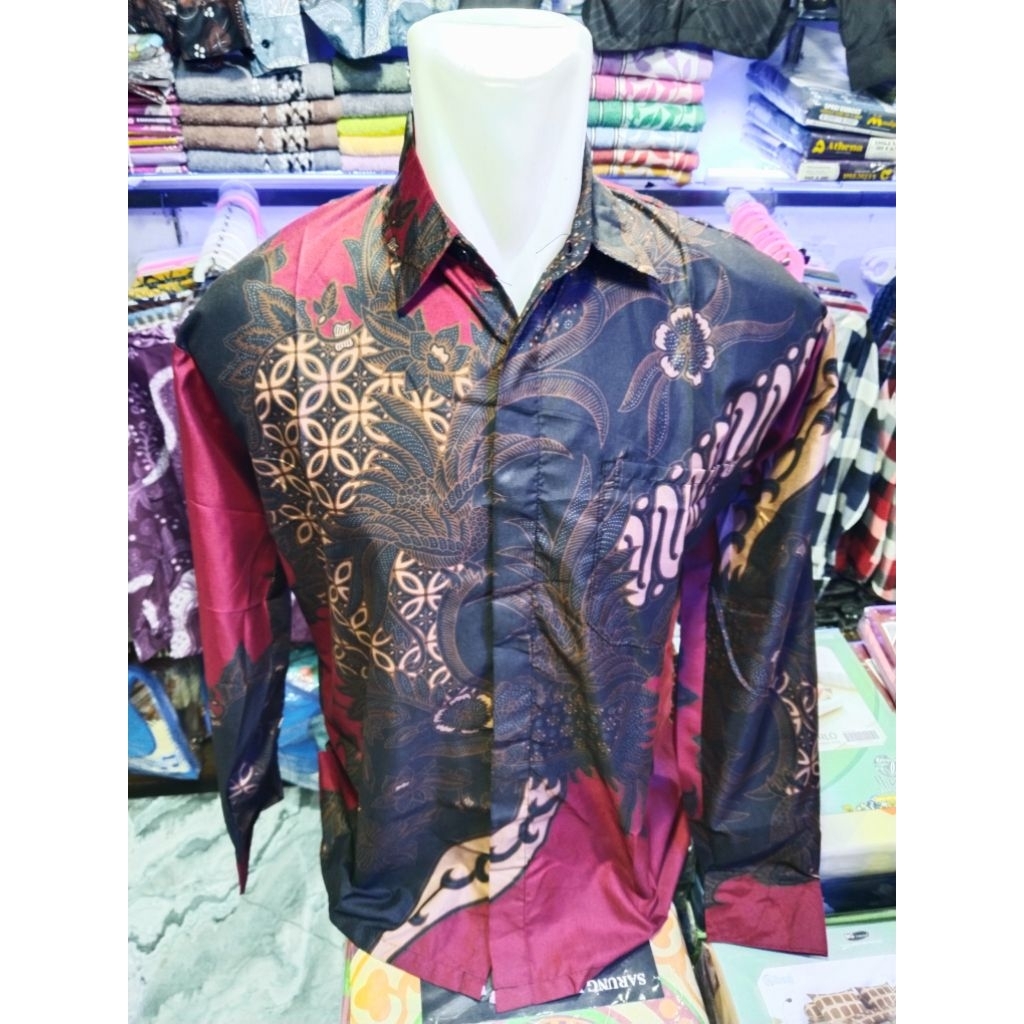batik kemeja pria lengan panjang warna merah