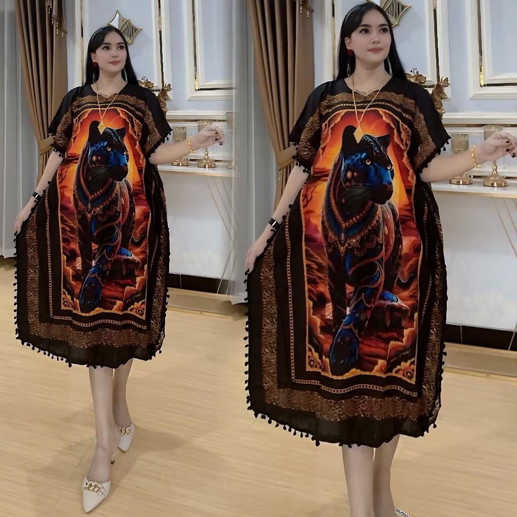 Dress Minidress Pendek Hitam Motif Macan Resleting Depan Rayon Premium Lowo Pompom